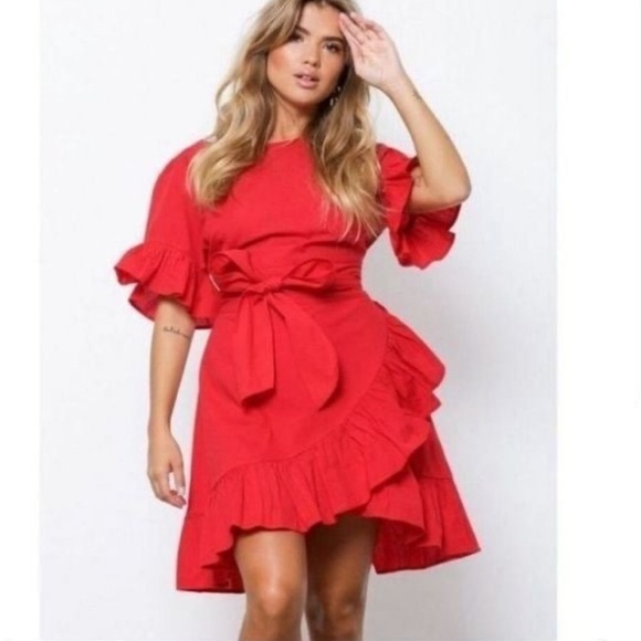ASTR The Label Coral Red ruffle faux wrap around skirt ruffle sleeves dress Sz L - Picture 11 of 12